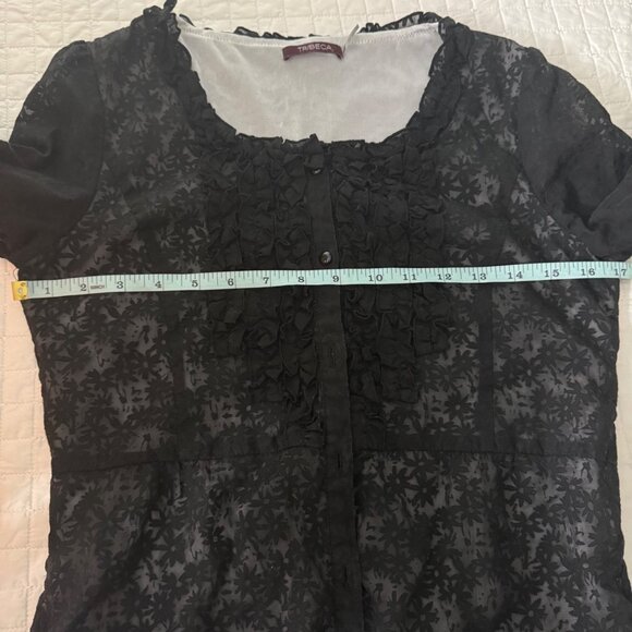 Tribeca Black Sheer Floral Ruffle Button-Up Blouse 3/4 Sleeve Womens S - Picture 9 of 11